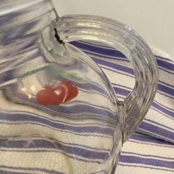 Vintage Mini Ball Glass Pitcher Clear w/painted Tomato Sz 6.5" h x 6.5" W 20FLoz - Picture 2 of 8